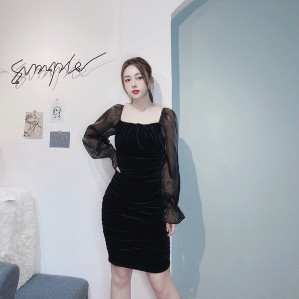 (Sẵn) Đầm nhung cổ vuông body - Váy cách tân tay voan ( có ảnh thật ) | BigBuy360 - bigbuy360.vn