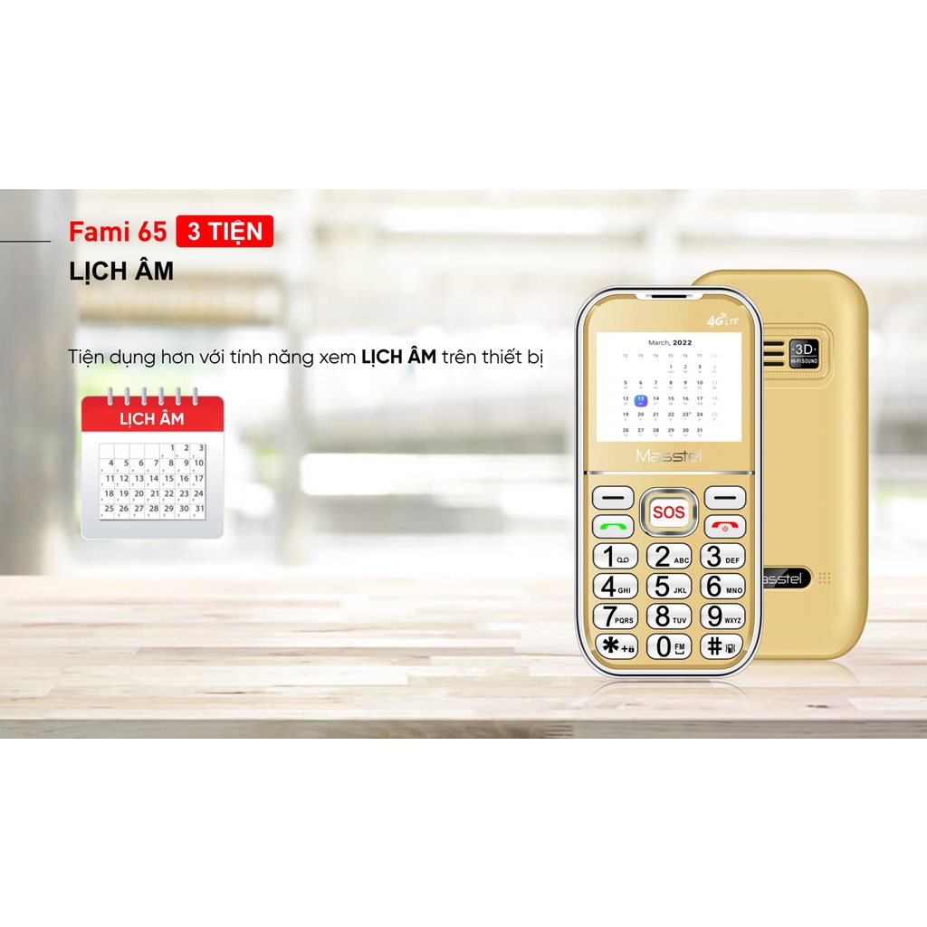 Điện thoại Masstel Fami 65 4G - Gọi HD Call ,Tặng đế sạc , Màn hình lớn , Phím bấm to - Hàng chính hãng
