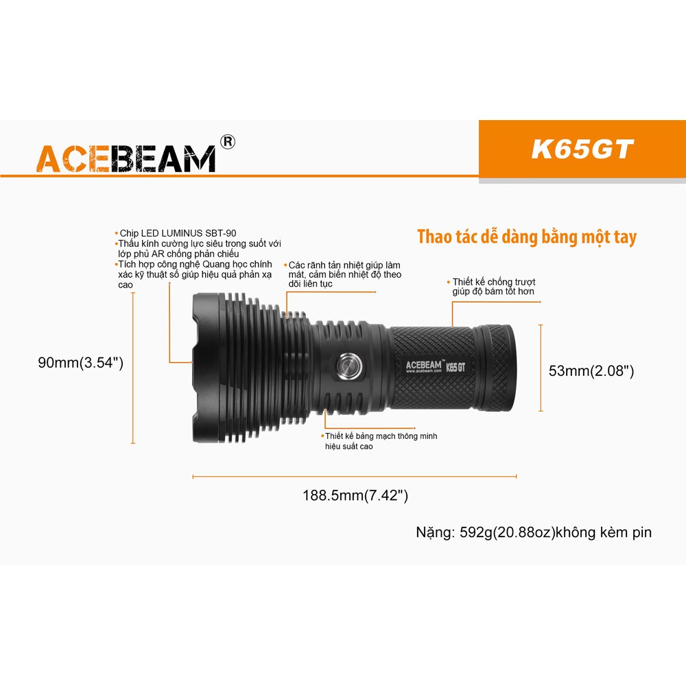 Đèn pin chiếu xa ACEBEAM K65GT sáng 6500 lumen xa 1682m led Luminus SBT-90 dùng 4 pin 18650 (K kèm theo) Đèn &amp; Đèn pin