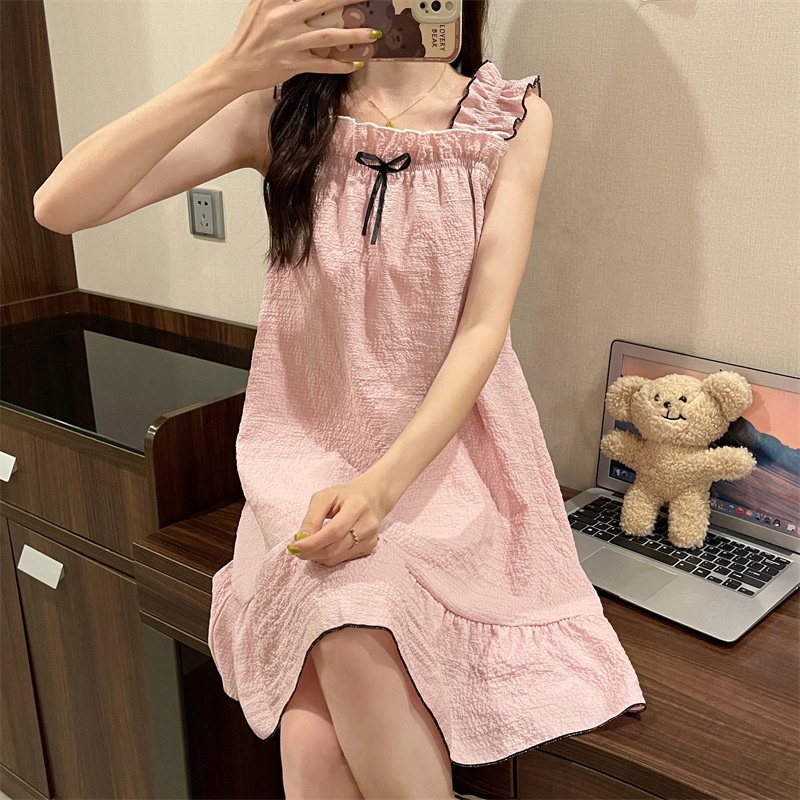 Đầm Ngủ Cotton Hai Dây  Ngực Màu Trơn Thời Trang Mùa Hè Hàn Quốc Dễ Thương