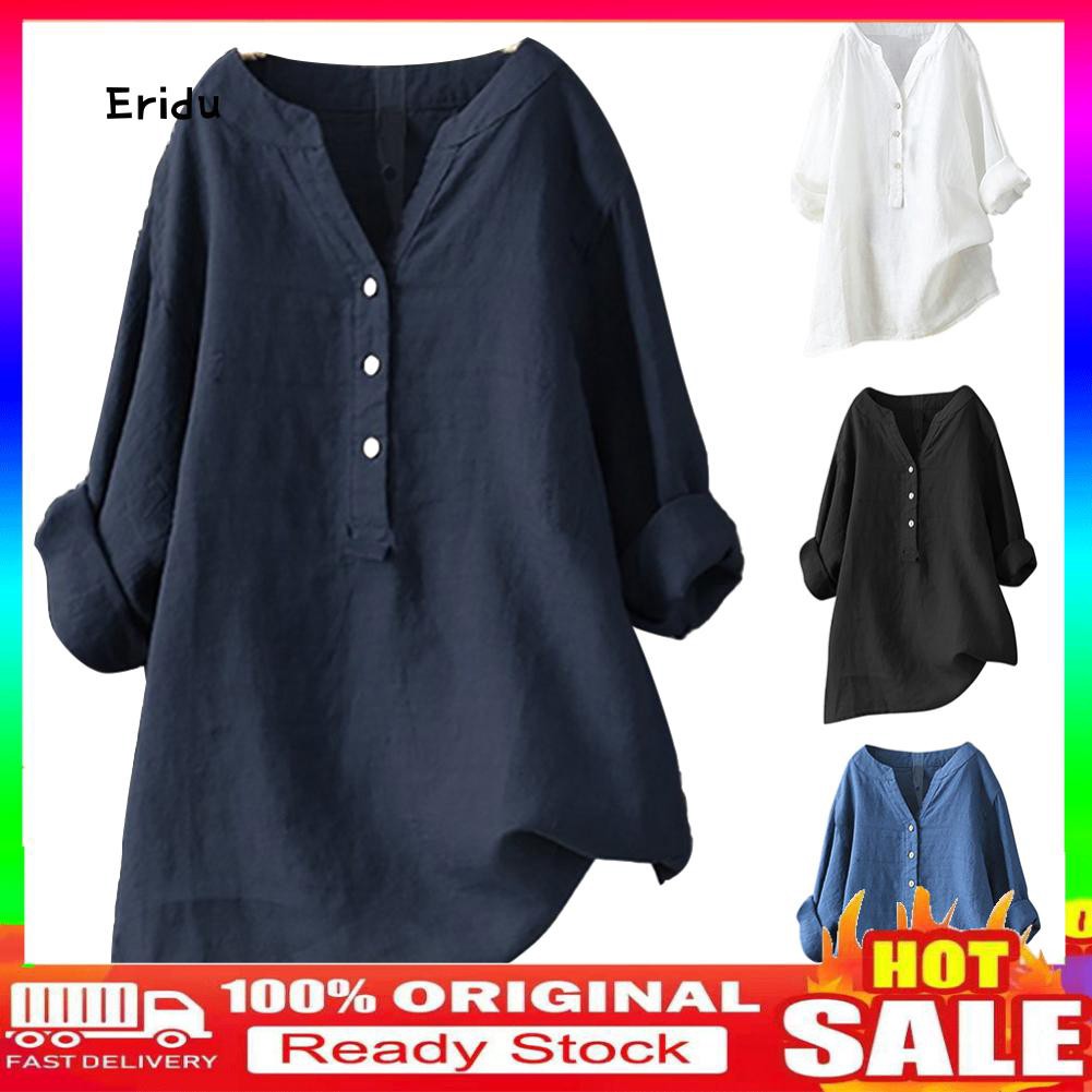 Korean Plus Size Women Solid Color V Neck Long Sleeve Shirt Loose Linen Blouse Top