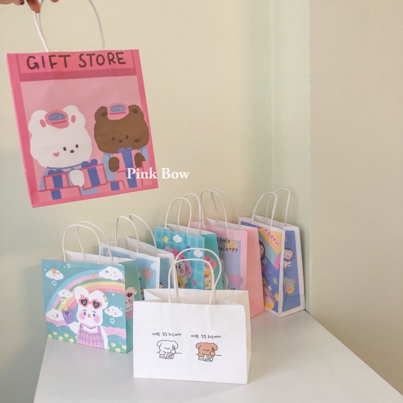 Túi giấy hình con THỎ/GẤU/CARO 27cm 21cm 14cm 11cm 8cm màu HỒNG/ĐỎ/XANH/TÍM