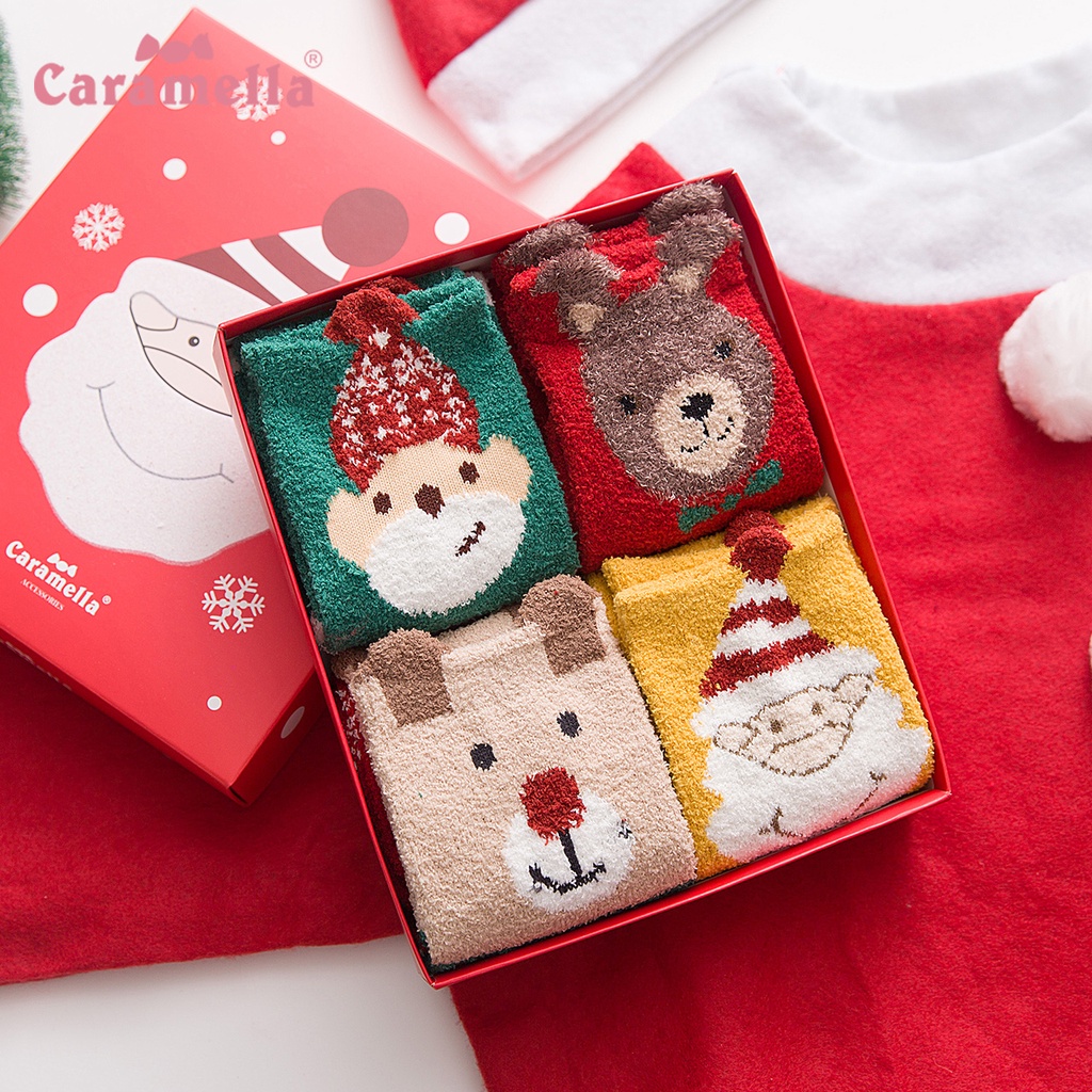 Tất nữ Caramella mẫu giáng sinh, vớ nữ cổ dài bông tự nhiên ấm áp set 4 đôi kèm hộp đựng 514974