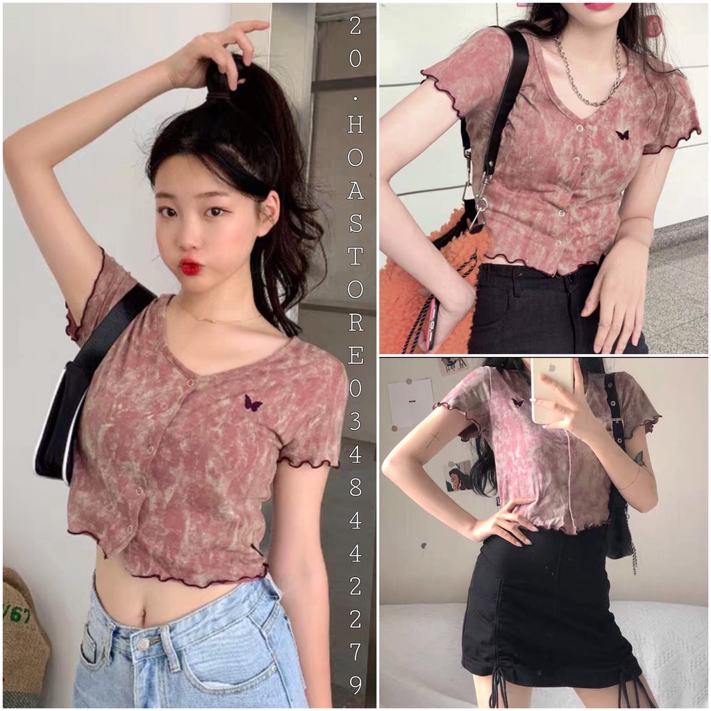 ÁO LOANG CROPTOP BUTTERFLY MÀU LẠ - ÁO CROPTOP VIỀN BÈO CÚC CÀI THÊU BƯỚM LOANG HOT
