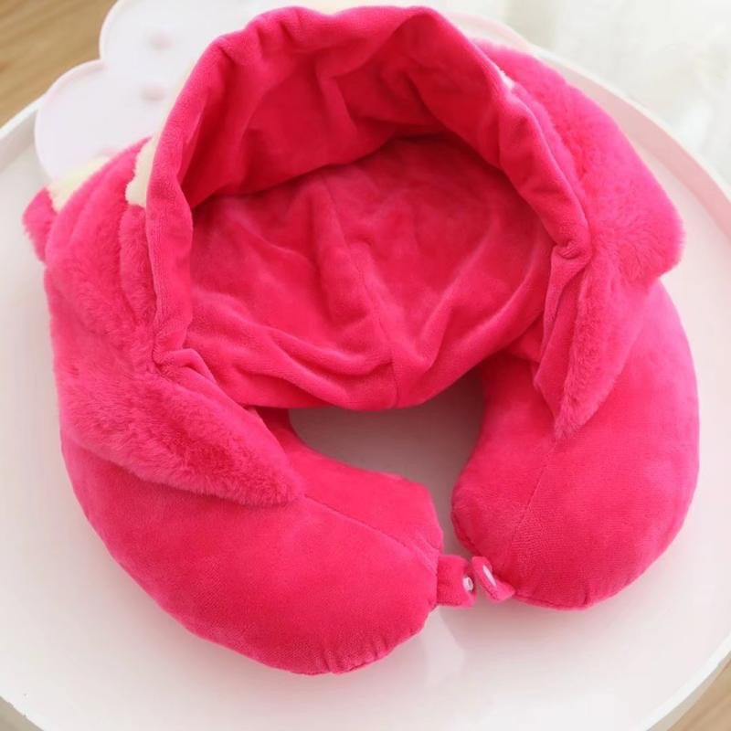 Gối Kê Cổ có Nón Trùm gấu Dâu Lotso bear Hoạt Hình Dễ Thương