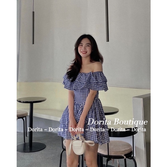 Váy trễ vai caro Daisy tay bồng Hàn Quốc, Đầm Caro xanh Daisy - Dorita Boutique | BigBuy360 - bigbuy360.vn