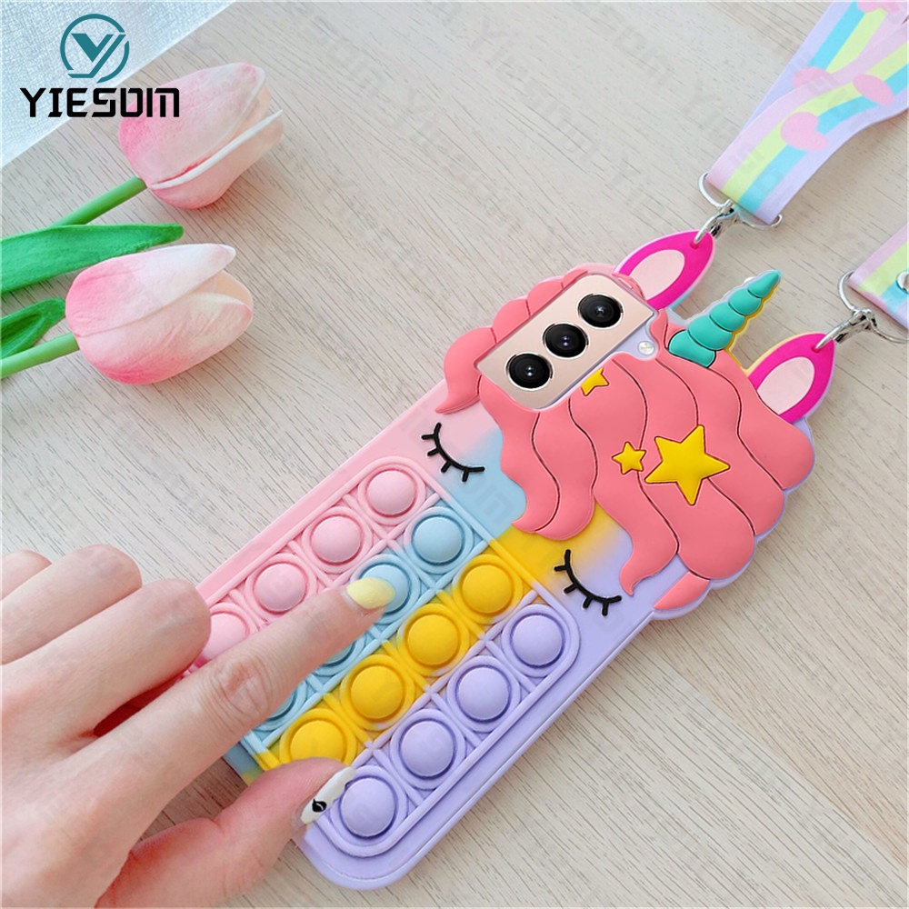 Ốp Điện Thoại Hình Kỳ Lân Cầu Vồng Kèm Dây Đeo Cho Samsung Galaxy S21 Ultra S21FE S20 S10 S9 Plus Note 20 10 Plus