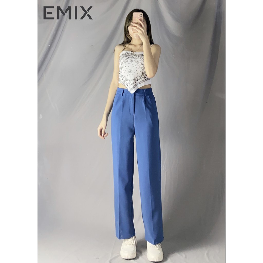 Quần suông nữ đi học suông dài EMIX (màu xanh), dáng rộng, dài 100cm, cạp cao, tôn dáng, chất tuyết mưa, mềm mại 3101
