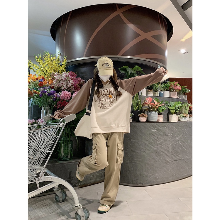 Áo Hoodie Dây Rút Tay Dài Dáng Rộng In Chữ Màu Khối Màu Sắc Phong Cách Hàn Quốc Dành Cho Bạn Nữ