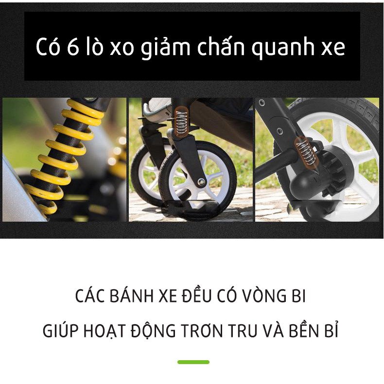 Xe đẩy nôi cao cấp 2 chiều gấp gọn, bánh cao su, khung hợp kim nhôm phủ bóng siêu nhẹ, cân nặng 7KG