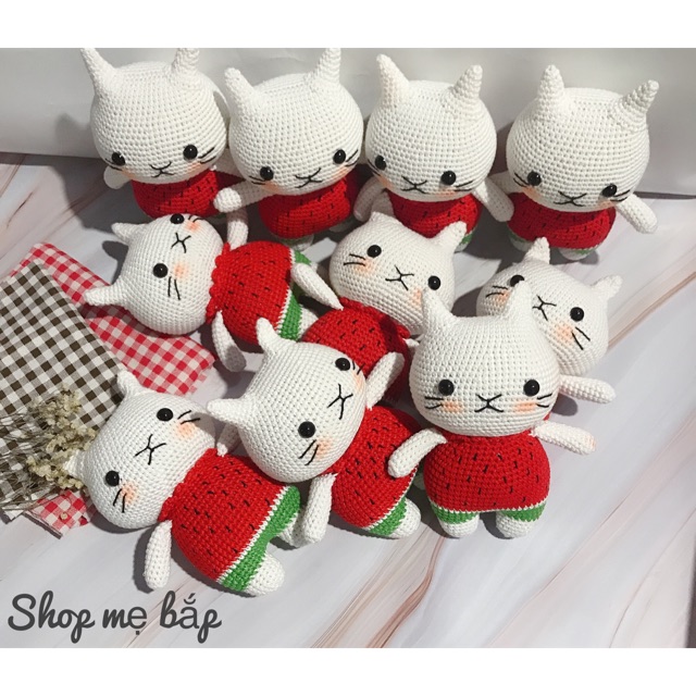 Mèo nhồi bông dưa hấu cute Thú bông len handmade đồ chơi cho bé , Chart móc thú