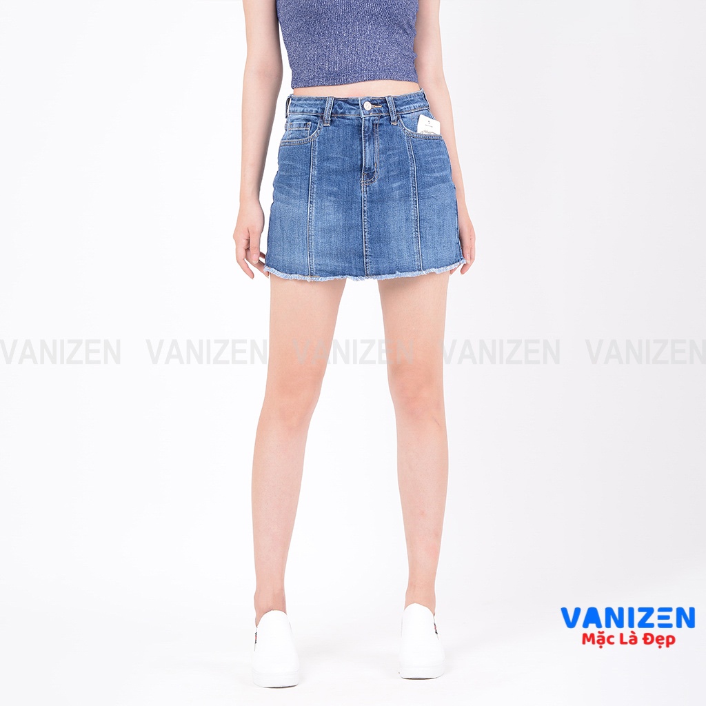 Chân váy jean nữ có quần bên trong đẹp lưng cao cạp cao trơn gân gấu tua rua hàng hiệu cao cấp mã 411 VANIZEN