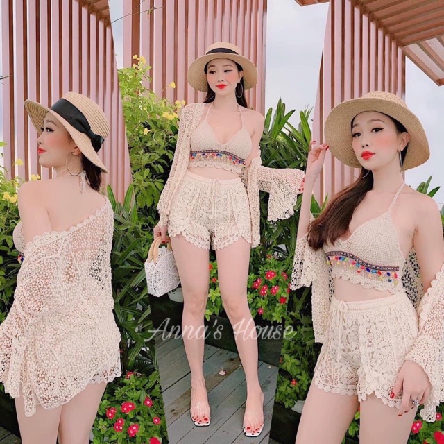 Set biển hot hit Huyền Bé - set 3 món - áo bra đan móc tua đệm ren + quần sooc ren xếp vạt trước - choàng- có tách rời