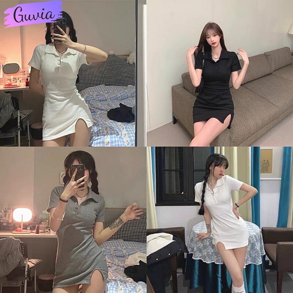 Váy Body Cổ Polo Xẻ Trước Chất Thun Gân Tăm, Đầm Ôm Sexy GUVIA