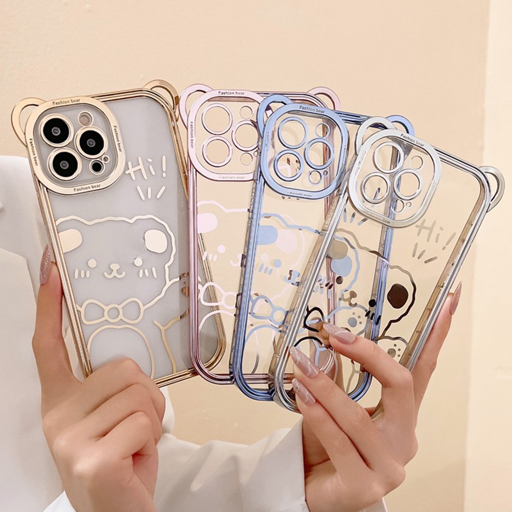 Ốp Điện Thoại Mềm Trong Suốt Viền Mạ Màu In Hình Gấu Dễ Thương Cho iPhone 13 11 12 Pro Max X XS Max 7 8 Plus