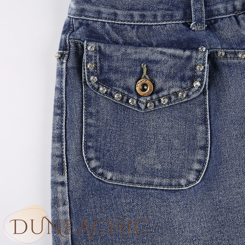 DUNEA Chân váy jean Phối Túi Đính Đá Phong Cách Retro Cho Nữ