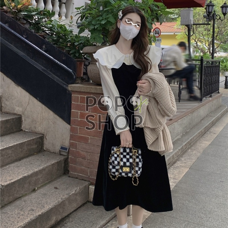 Váy nhung dài cổ bánh bèo tiểu thư