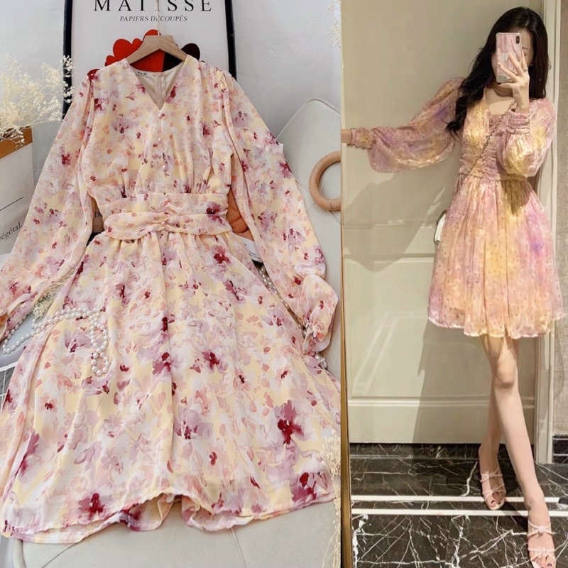 Jumpsuit/jump/đầm váy voan hoa tay dài đính nút ngọc, thời trang hot girl tiểu thư công chúa đi chơi dạo phố dự tiệc
