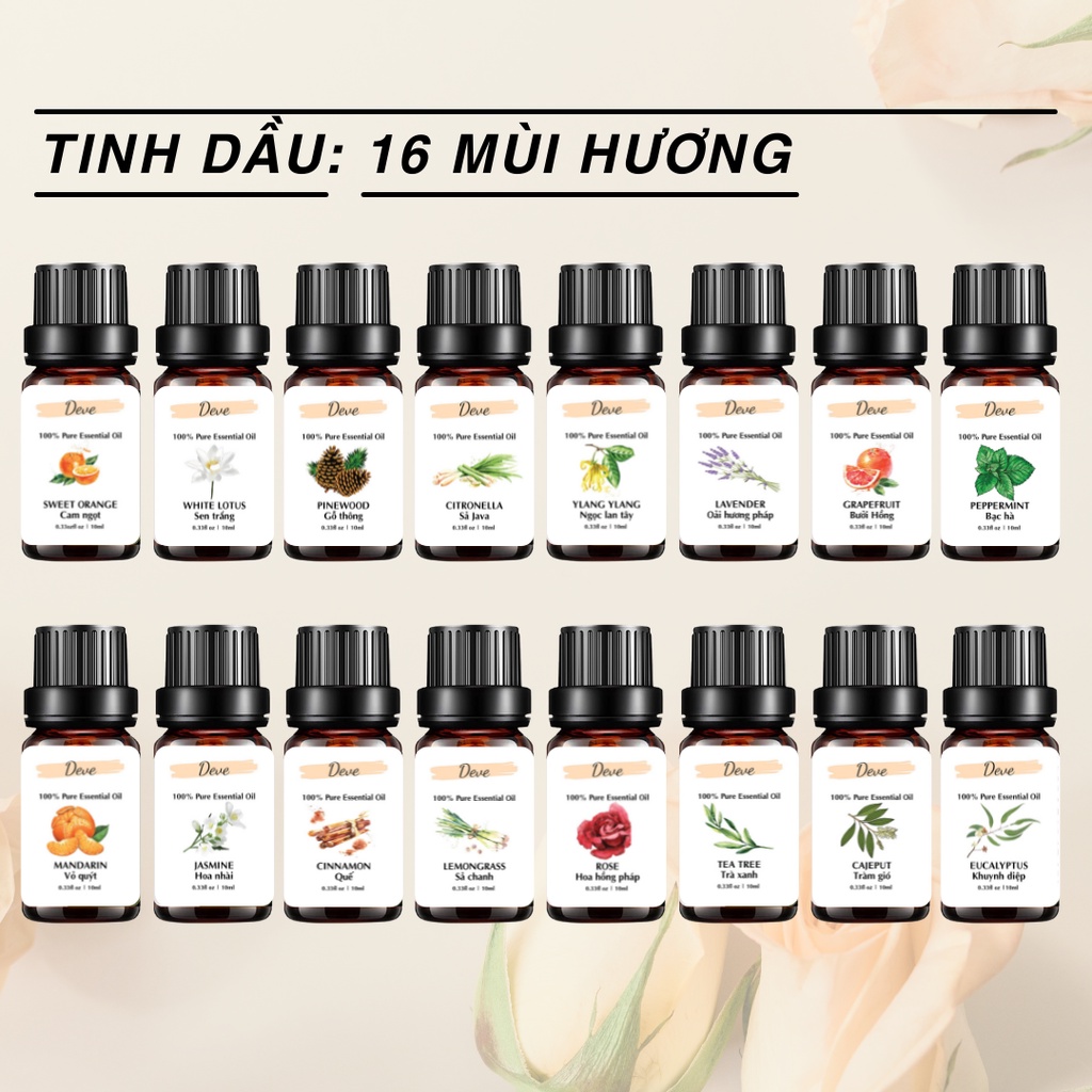 Tinh dầu xông phòng DEVE 10ml: tinh dầu sả chanh, tinh dầu oải hương, tinh dầu quế, tinh dầu bưởi nguyên chất