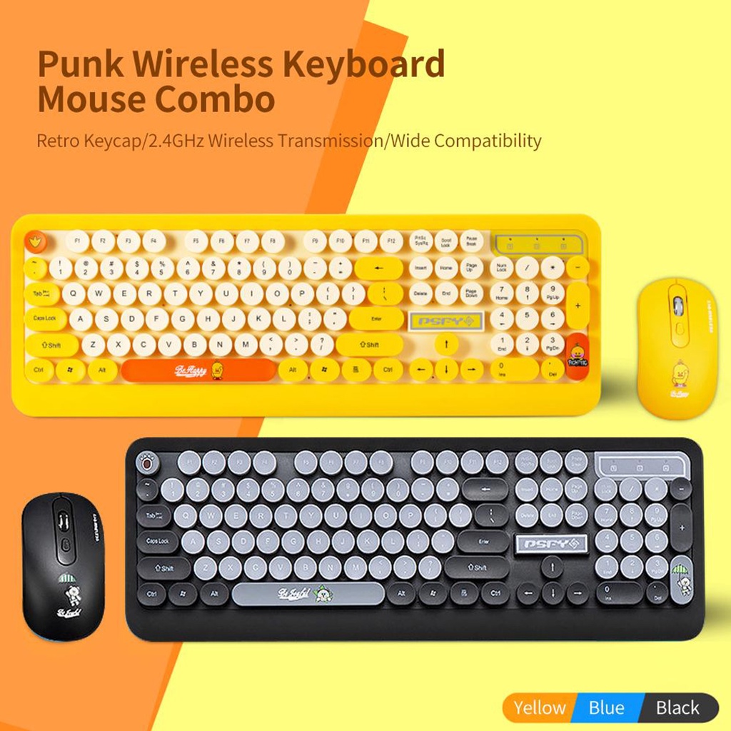 Combo Bàn Phím + Chuột Không Dây 2.4g Phong Cách Retro