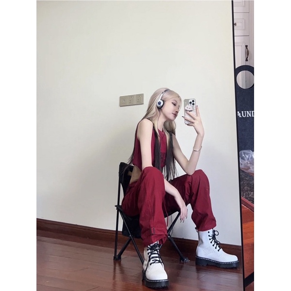 Set áo croptop - quần ống rộng đỏ