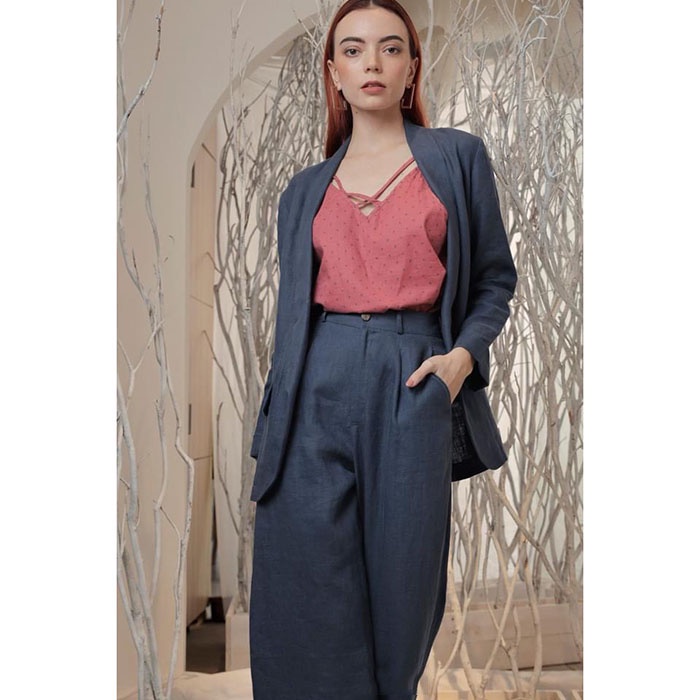 Set bộ vest blazer linen ve tròn túi bổ + Quần ống rộng trẻ trung