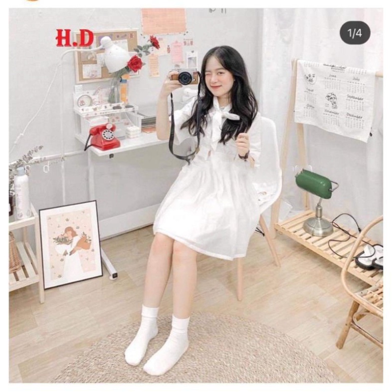 set váy áo crotop buộc nơ kèm chân váy có quần trong, set đồ nữ màu trắng điệu đà chất đẹp, thoáng hút mồ hôi