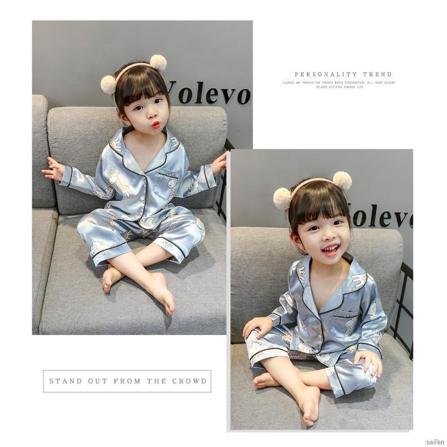 ruiaike  Baby Kids Girls Boys Cartoon Sleepwear Set Long Sleeve Silk Satin Button Blouse Tops + Pants Pajamas