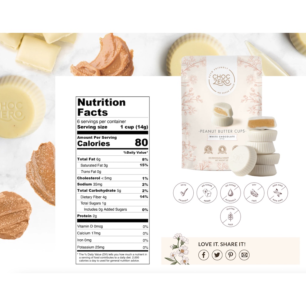TÚI SOCOLA TRẮNG BỌC BƠ ĐẬU PHỘNG Choczero White Chocolate Peanut Butter Cups - KHÔNG ĐƯỜNG SUGAR FREE, ĂN KIÊNG KETO, 3