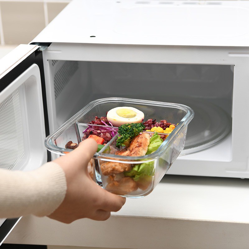 Hộp Cơm Thủy Tinh 3 Ngăn Kèm Muỗng Đũa Inox - Chịu Nhiệt, Chống Tràn Tiện Lợi