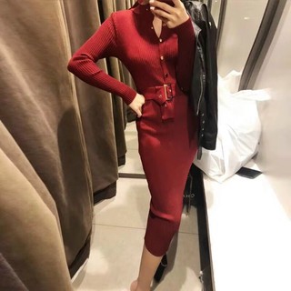 Váy len body maxi cúc ngực kèm đai
