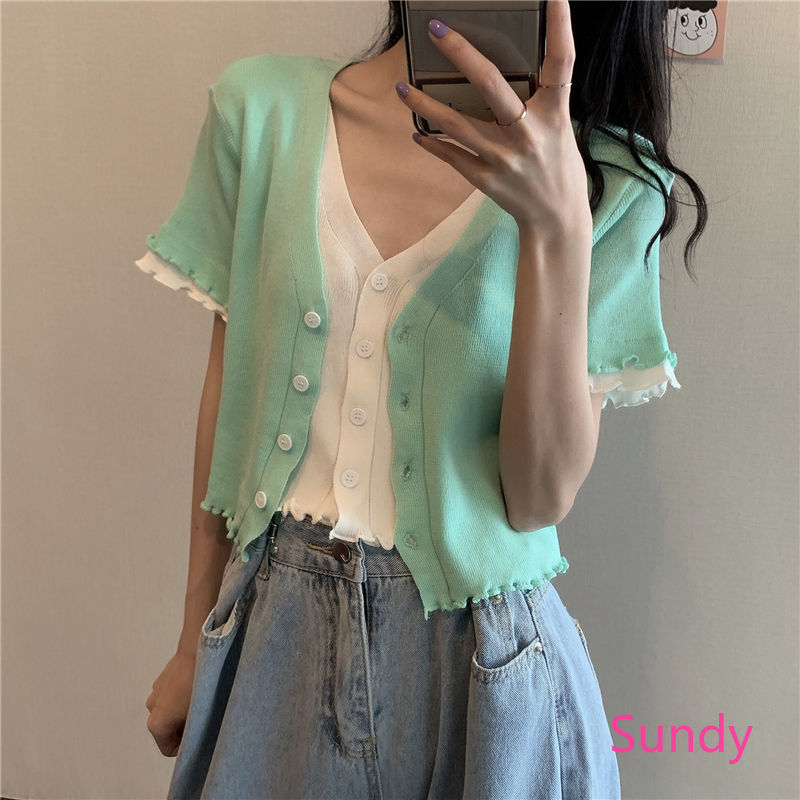 [ Mã 66CBSALE giảm 30K đơn 200K] Áo Khoác Cardigan Tay Ngắn Cổ Chữ V Thời Trang Mùa Hè Cho Nữ | BigBuy360 - bigbuy360.vn