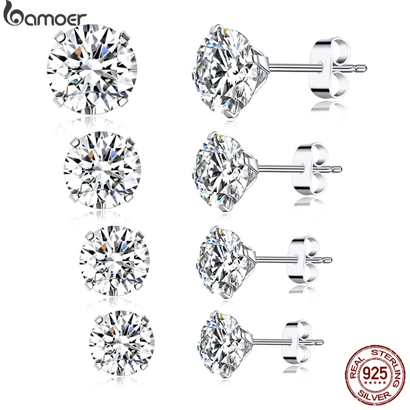 Bamoer 1 Đôi Bông Tai Tròn bạc 925 Đính Đá Zircon 4mm 5mm 6mm 7mm Thời Trang Cho Nữ