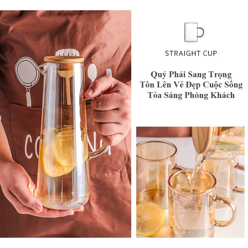 Bình Nước Thủy Tinh 1500ml Nắp Gỗ Màu Hổ Phách Trong Suốt Sang Trọng