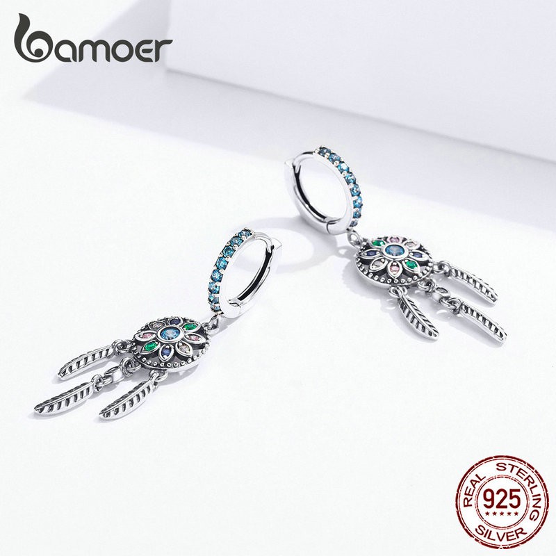 Khuyên Tai BAMOER Bằng Bạc 925 Thiết Kế Hình Dreamcatcher Thời Trang Cho Nữ
