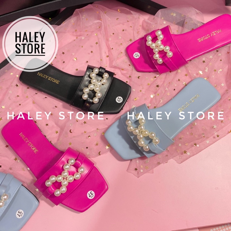 Dép nữ đế bệt HALEY STORE quai ngang mũi vuông đính nơ ngọc màu trẻ trung năng động rẻ bền đẹp đi trong nhà chơi du lịch