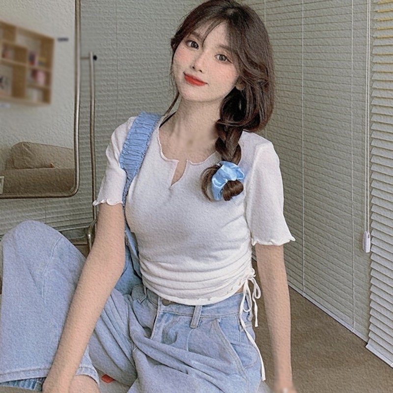 Áo Thun Tay Ngắn Dáng Ôm Phối Dây Rút Cá Tính Trẻ Trung Hợp Thời Trang