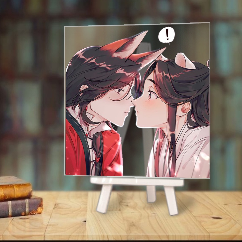 Tranh kính THIÊN QUAN TỨ PHÚC anime chibi acrylic mica trong trưng bày trang trí góc học tập giá gỗ