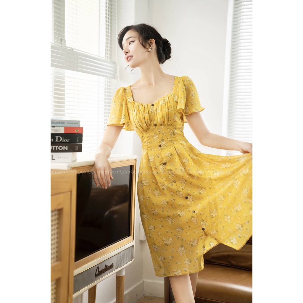 ĐẦM HOA Nhí Vàng Cổ Vuông Tay Cánh Tiên Phần Ngực Xếp Li BEM STUDIO