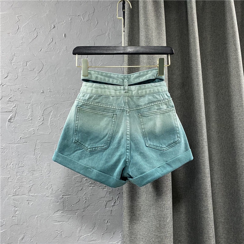 Quần Short Denim Lưng Cao Phối Hai Hàng Nút Màu Xanh Lá Gradient Phong Cách Mới Mùa Hè Cho Nữ