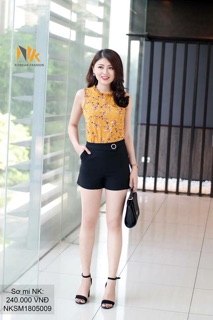 Sơ mi hoa sát nách nhún cổ