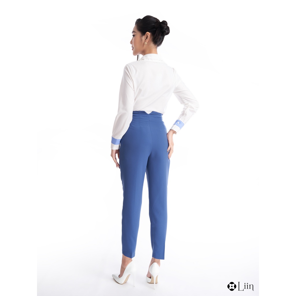 Áo sơ mi nữ linbi màu trắng phối viền blue thiết kế trẻ trung, thanh lịch liin clothing SM4134