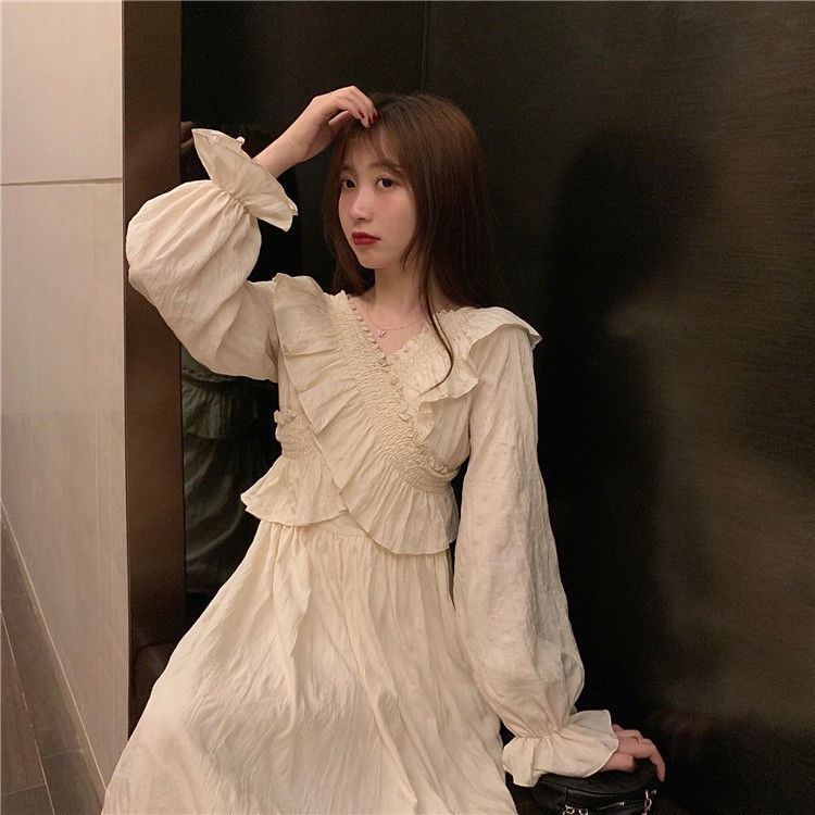 Đầm Tay Dài Cổ Chữ V Phối Bèo Thiết Kế Mới Thời Trang Mùa Thu Dành Cho Nữ