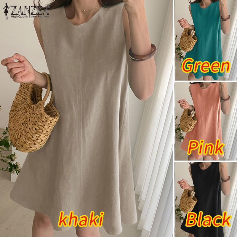 Đầm mini Zanzea không tay cổ tròn cài nút sau lưng màu trơn kiểu vintage cho nữ