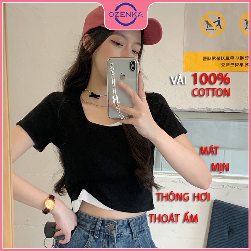 Áo croptop cổ vuông tay ngắn nữ ôm body cải màu xinh xắn chất thun gân cotton 100% nhiều màu một size dưới 50 kg OZENKA