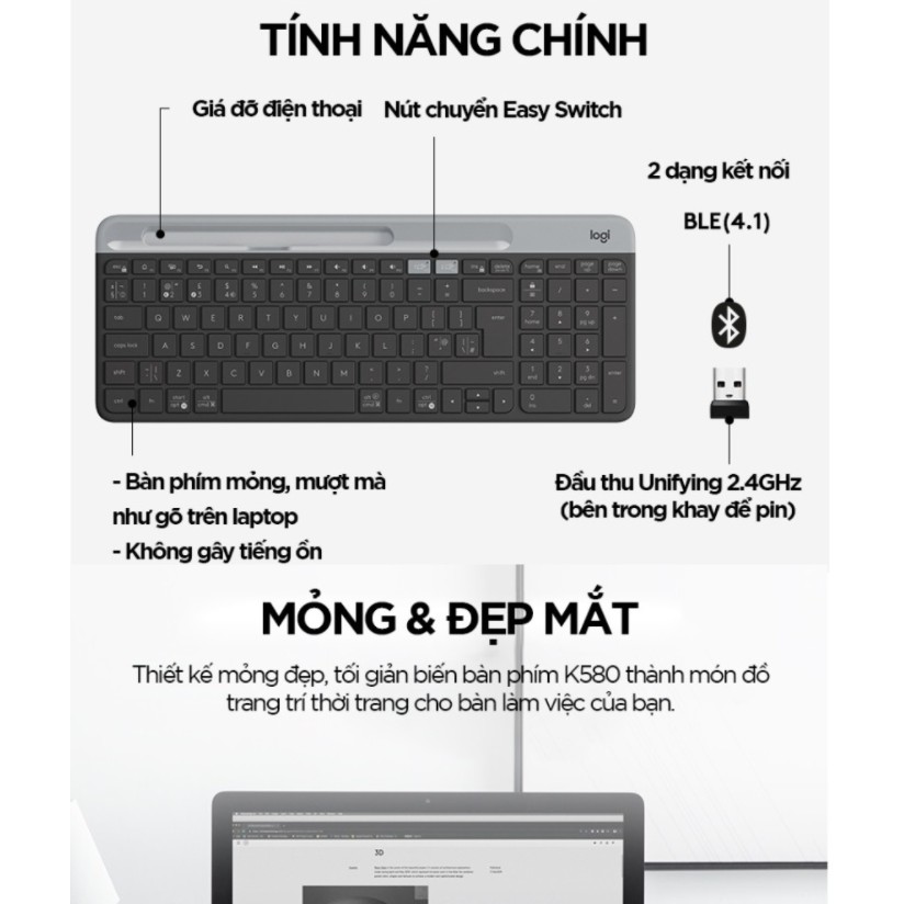 Bàn Phím Bluetooth Logitech K580 Slim Multi Device - Bàn Phím Không Dây Chính Hãng Bảo Hành 1 Năm