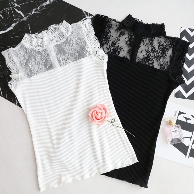 Áo nữ sát nách phối ren cổ ôm body tôn dáng