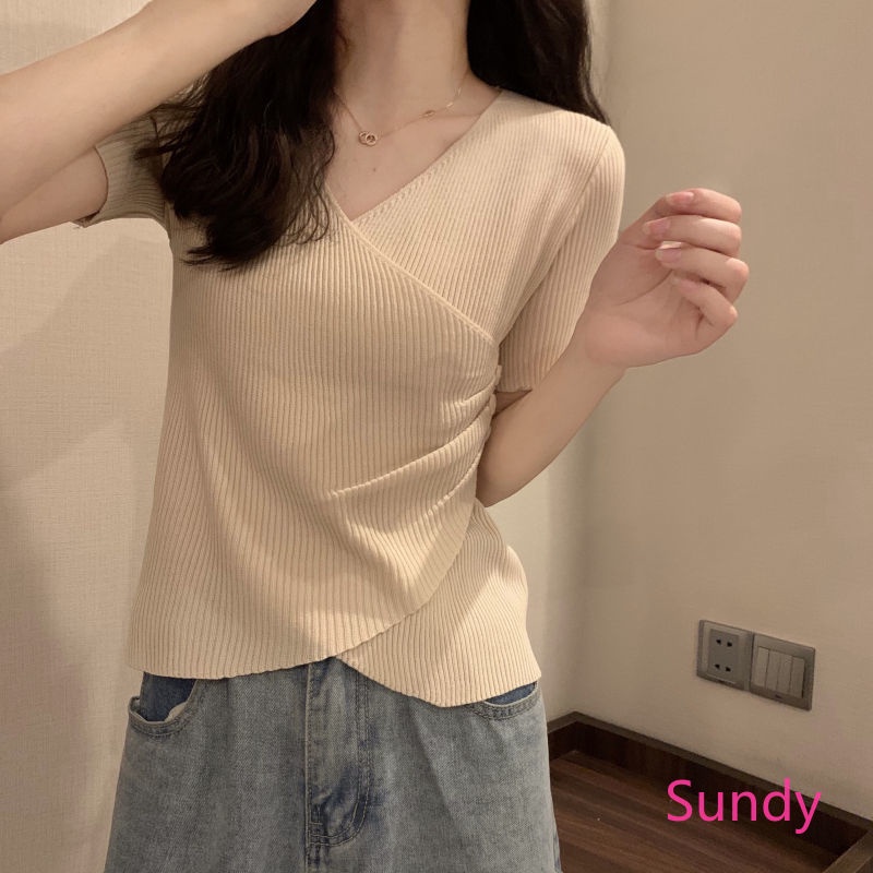 Áo Dệt Kim Ngắn Tay Vạt Chéo Thời Trang Mùa Hè Cho Nữ