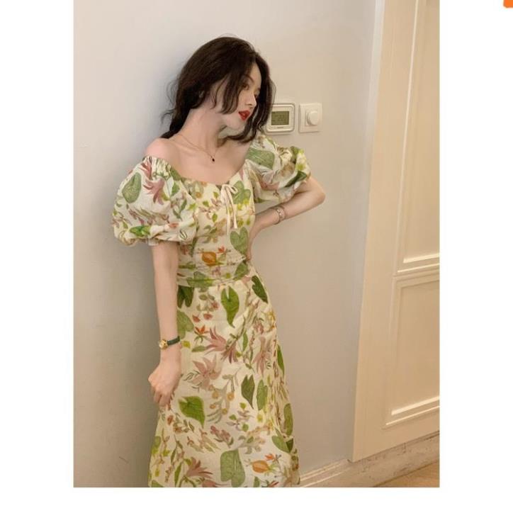 Váy hoa họa tiết lớn, 🎀 nơ ngực 🎀 nơ lưng sau, cổ thuyền tay chun đẹp mê người _dahlia