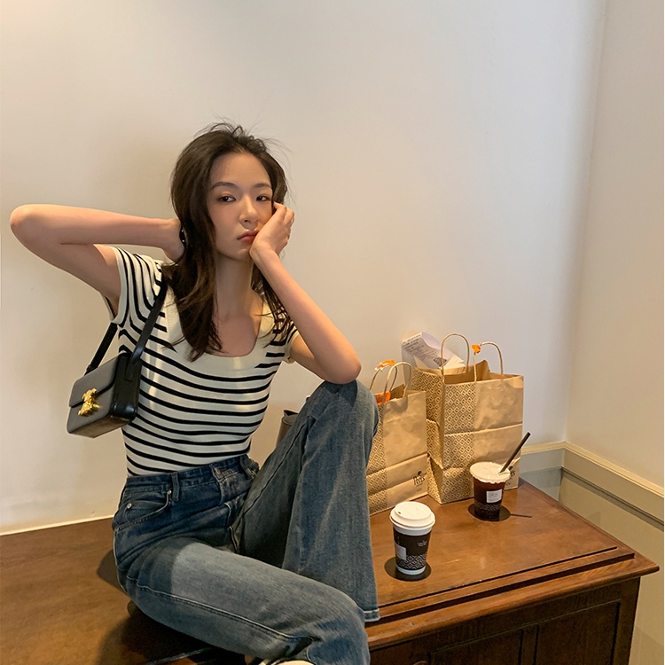 SUXI Áo Dệt Kim Tay Ngắn Cổ Vuông Dáng Rộng Họa Tiết Kẻ Sọc Thời Trang Mùa Hè Xinh Xắn Cho Nữ